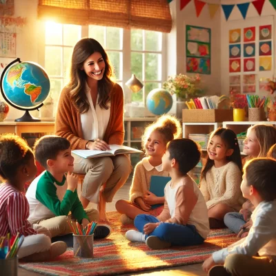 DALL·E 2024-12-21 17.22.27 - A warm and inviting classroom scene where a teacher is lovingly teaching a group of young students. The teacher, a cheerful and kind individual, is si
